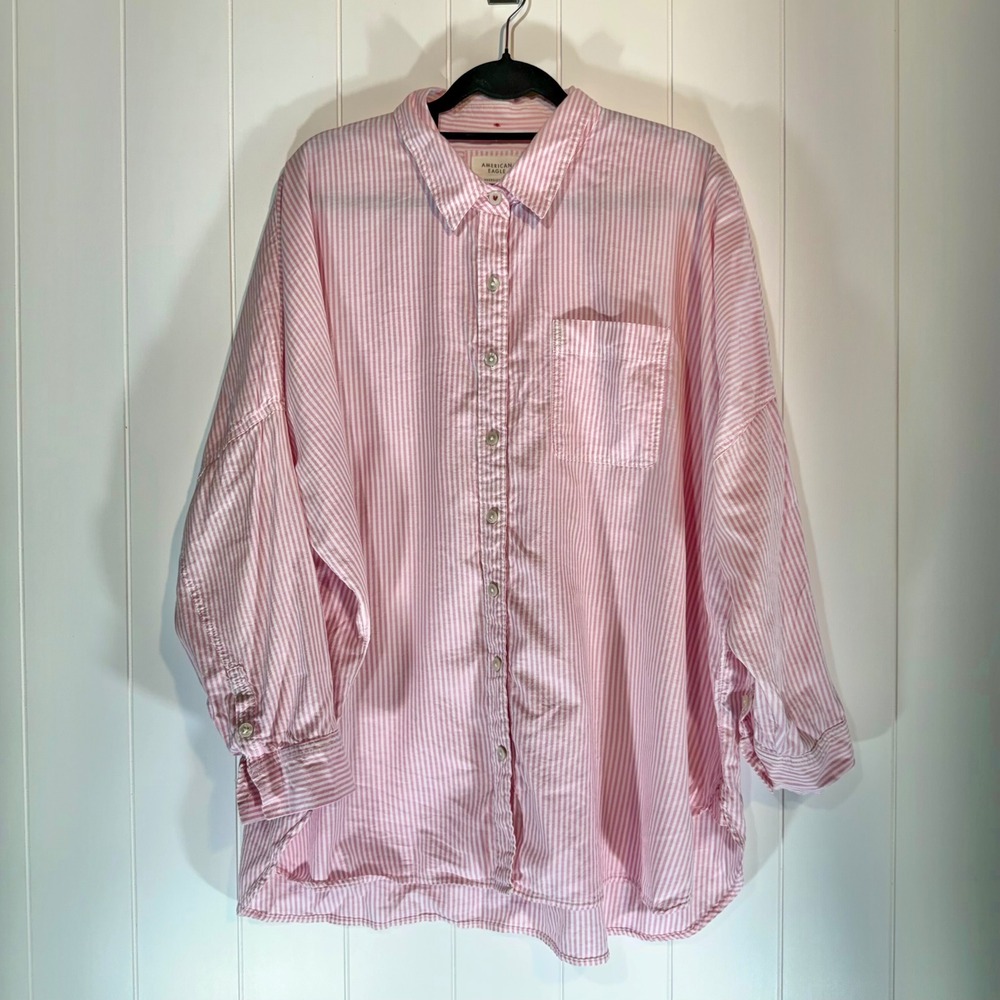 American Eagle Oversized Striped Button Down Soft Pink White Long Sleeve M